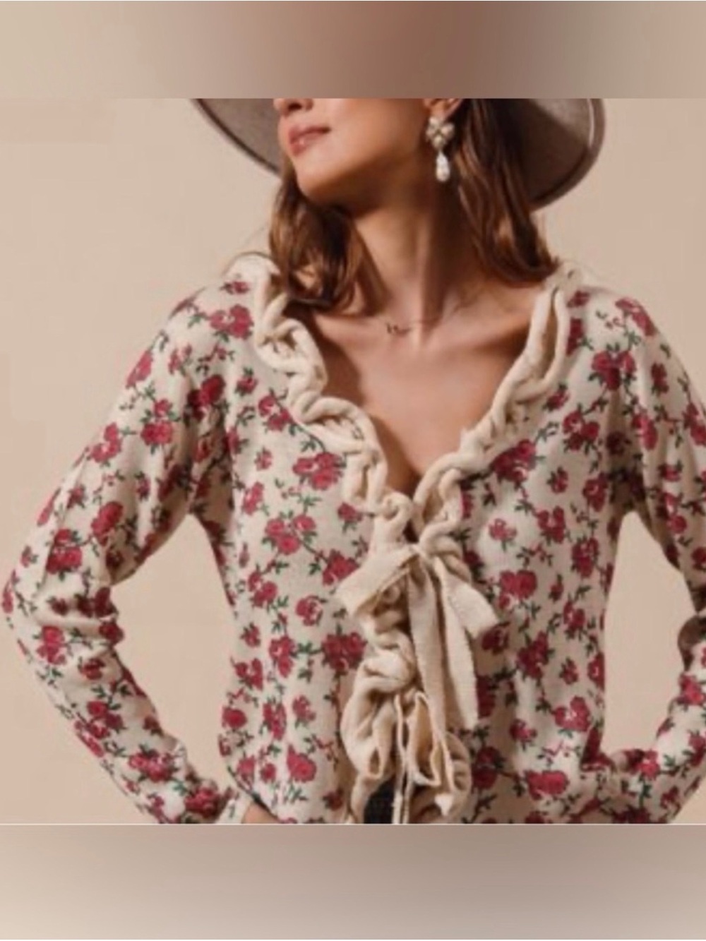 Boutique So Me Feeling Flirty Cream Rose Tie Front Cardigan Floral Sweater Sz M